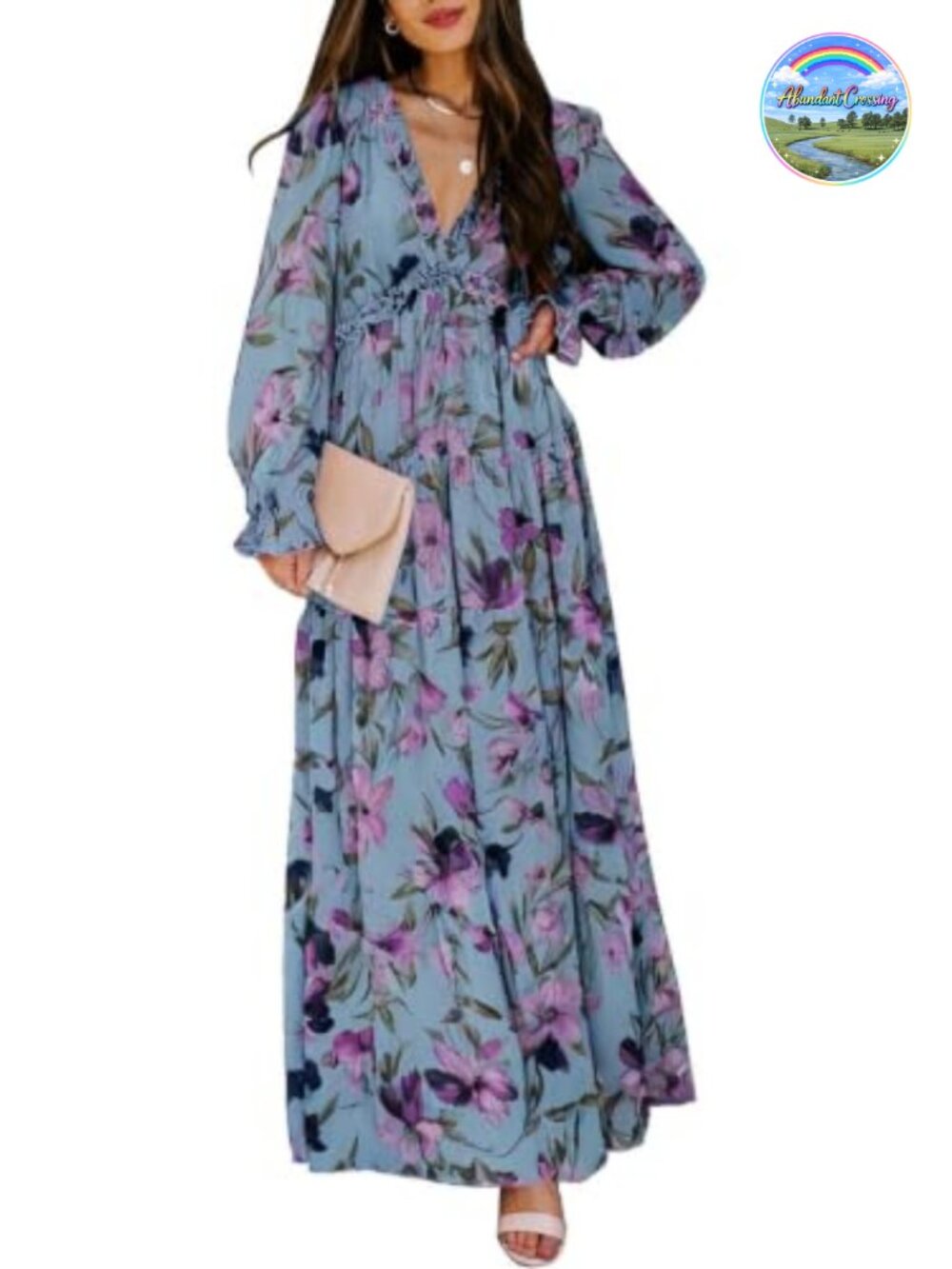 Boho Floral Deep V Neck Long Sleeve Maxi Dress Casual Summer